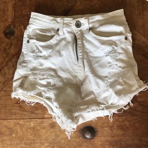 High Waisted Frayed White Denim Shorts by Machine