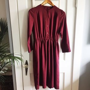 Vintage Wine Red Midi Dress, POCKETS, Size M