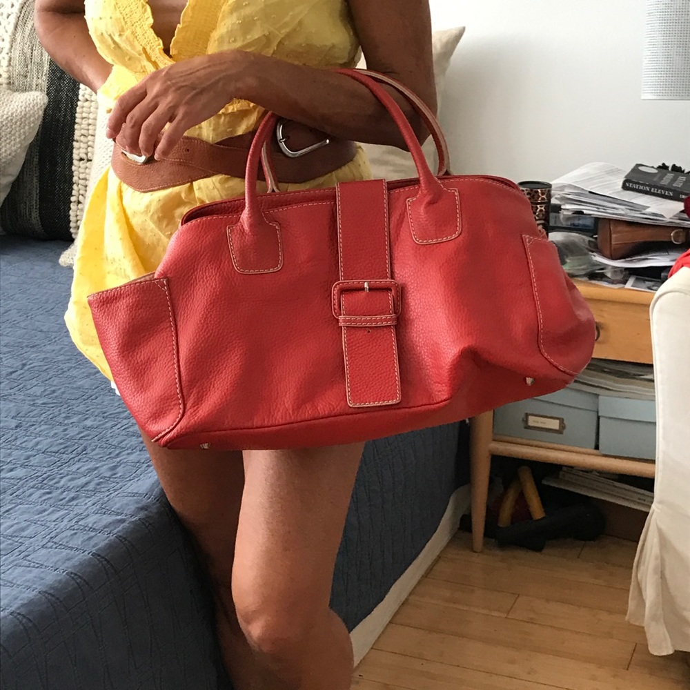 Dark coral textured leather hand bag