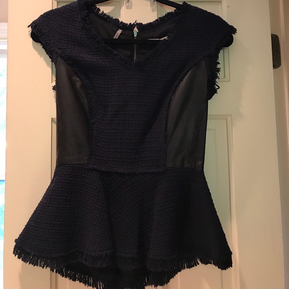 Rebecca Taylor navy tweed and leather peplum top.