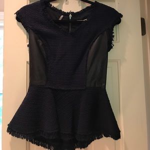 Rebecca Taylor navy tweed and leather peplum top.
