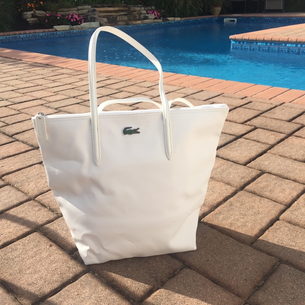 LACOSTE White Zippered Tote Bag