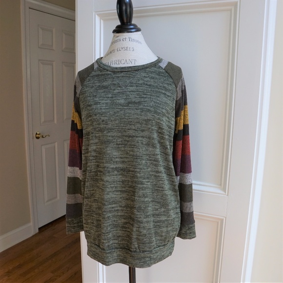 Fall Striped Knit Top Sweater Tunic Olive Green - Picture 6 of 8