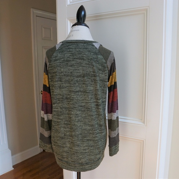 Fall Striped Knit Top Sweater Tunic Olive Green - Picture 7 of 8