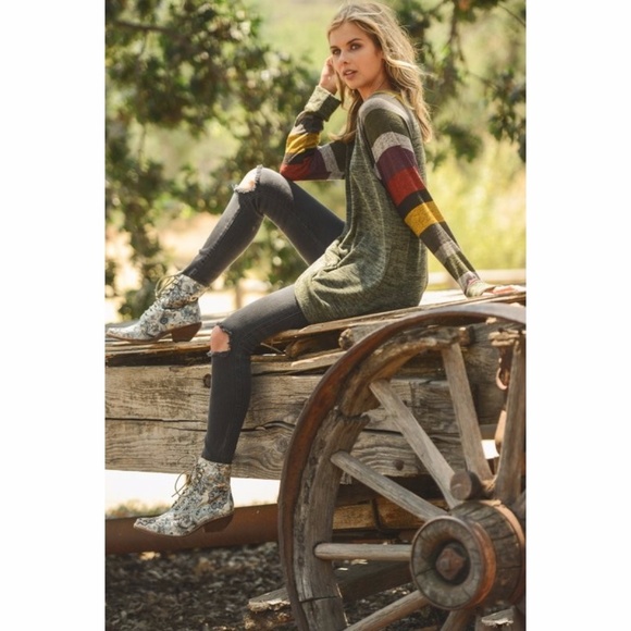 Fall Striped Knit Top Sweater Tunic Olive Green - Picture 3 of 8