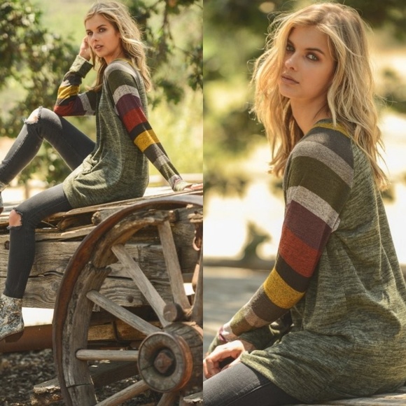 Fall Striped Knit Top Sweater Tunic Olive Green - Picture 2 of 8