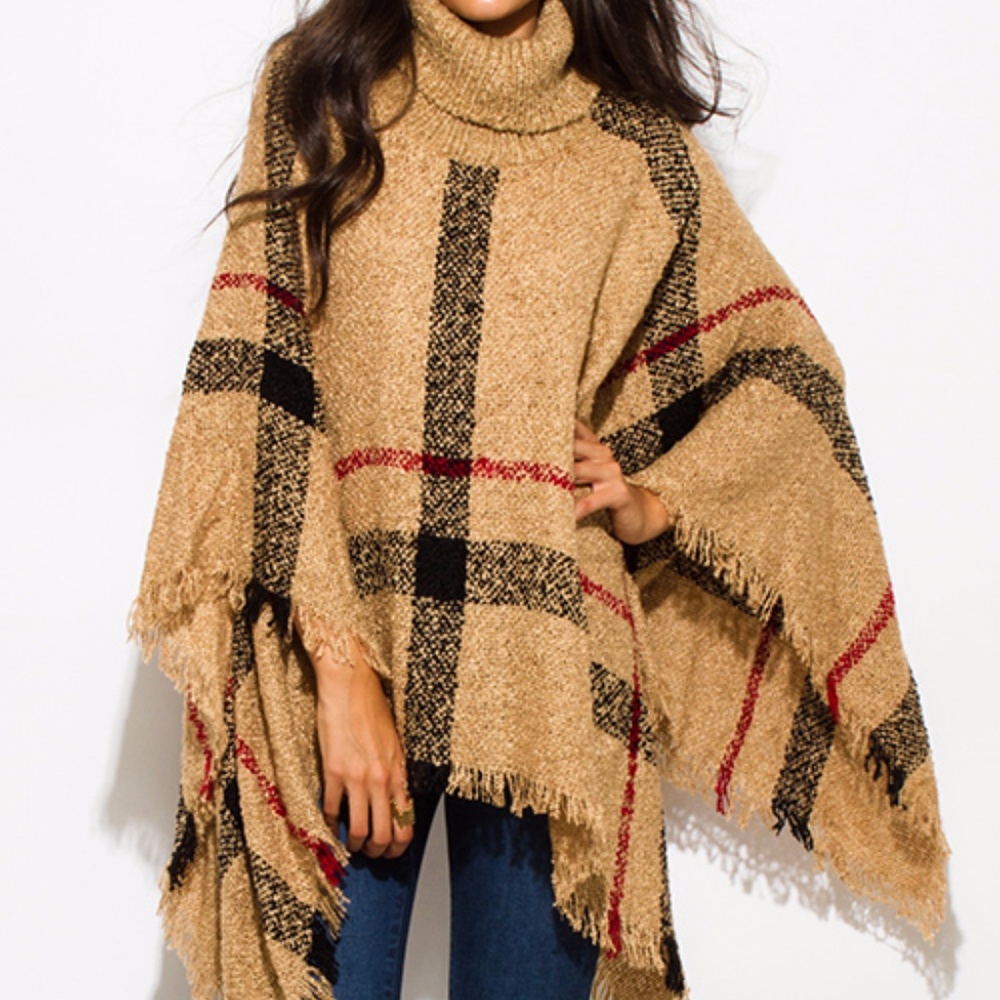 Turtleneck Poncho Top with Fringe Trim