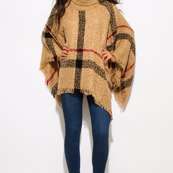 Turtleneck Poncho Top with Fringe Trim - Picture 4 of 7