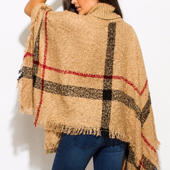 Turtleneck Poncho Top with Fringe Trim - Picture 6 of 7