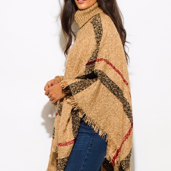 Turtleneck Poncho Top with Fringe Trim - Picture 5 of 7