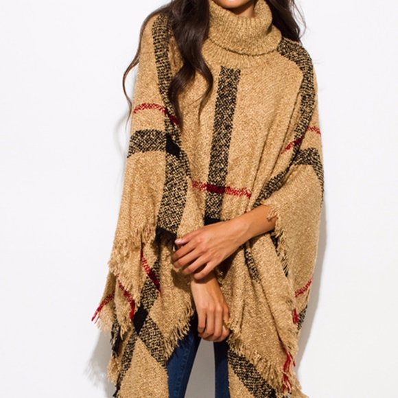 Turtleneck Poncho Top with Fringe Trim - Picture 3 of 7