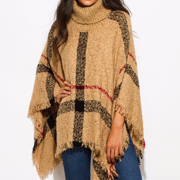 Turtleneck Poncho Top with Fringe Trim - Picture 2 of 7