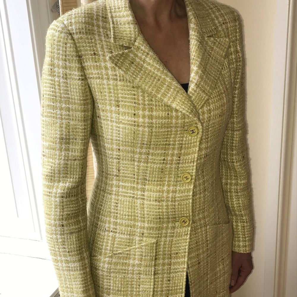 Chanel Boutique Chartreuse Tweed Silk Blazer