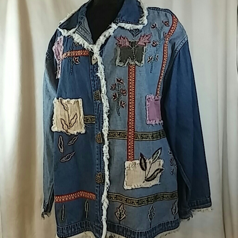 Sara Studio Plus Jean Jacket Boho Patch Work Sz 2x - image 1