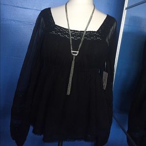 NWT Free People Moonchaser Lace Trim Blouse-Black