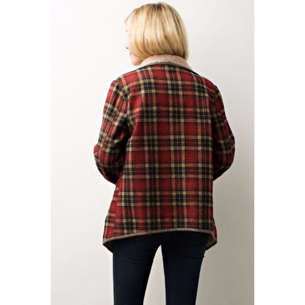 Fall Sherpa Fur Lined Plaid Jacket Coat Red - Picture 4 of 8