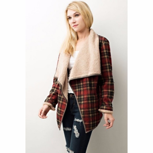 Fall Sherpa Fur Lined Plaid Jacket Coat Red - Picture 3 of 8