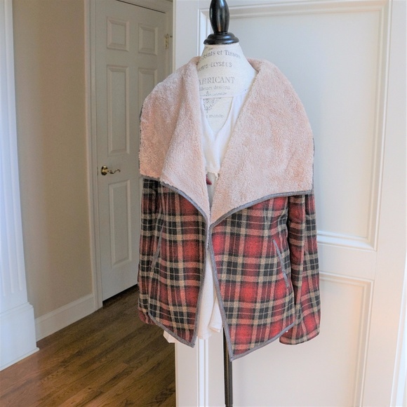 Fall Sherpa Fur Lined Plaid Jacket Coat Red - Picture 6 of 8