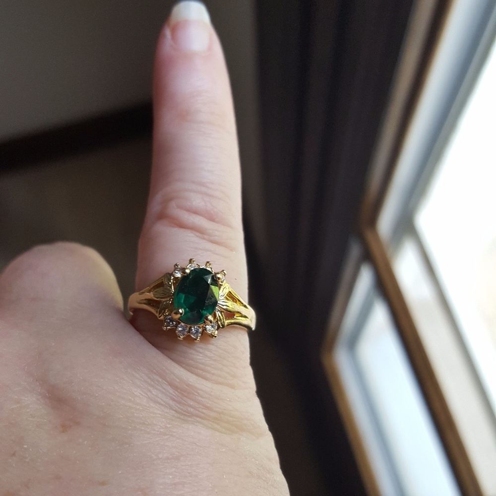 Dainty gold and green CZ ring