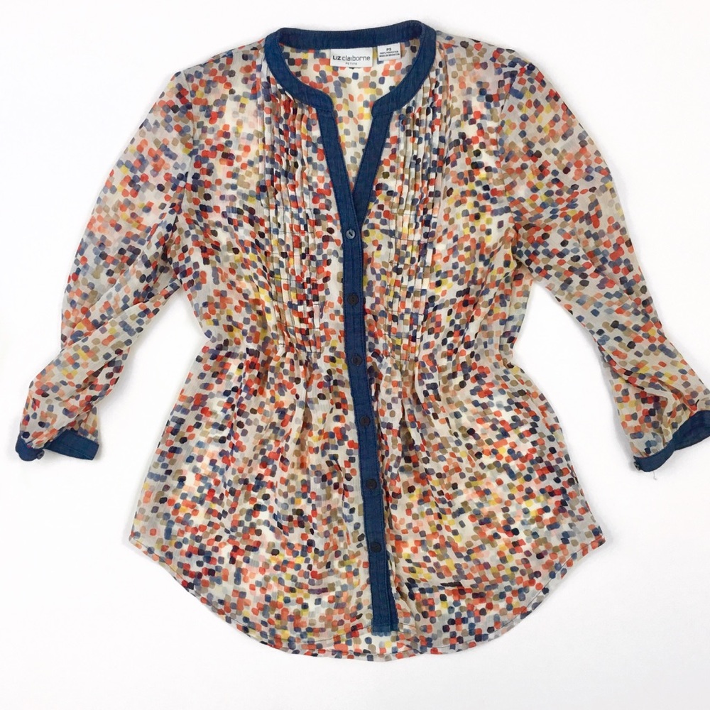 {Liz Claiborne} Polka Dot Chiffon Denim Blouse