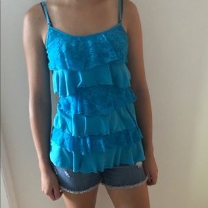 Blue ruffled tank with lace