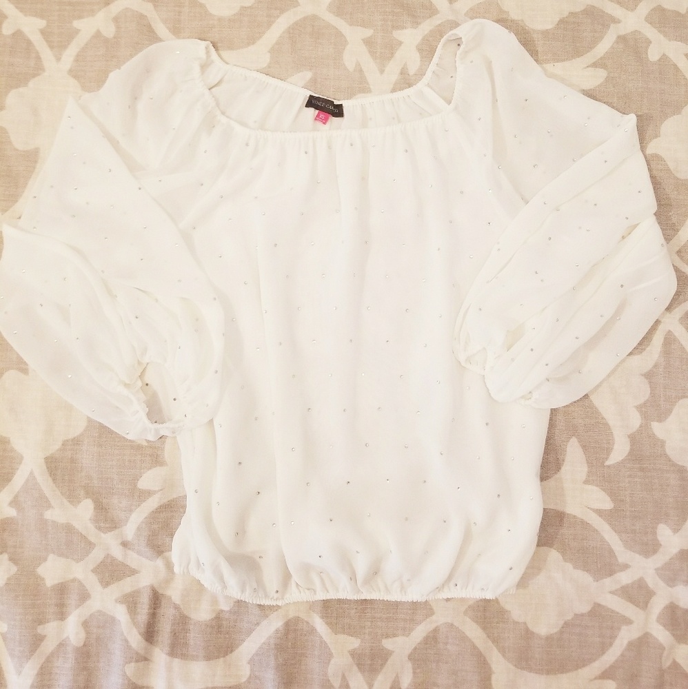 Vince Camuto Bubble blouse white silver rhinestone