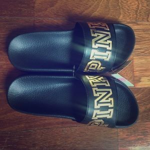 NWT never been worn gold and black Pink slides