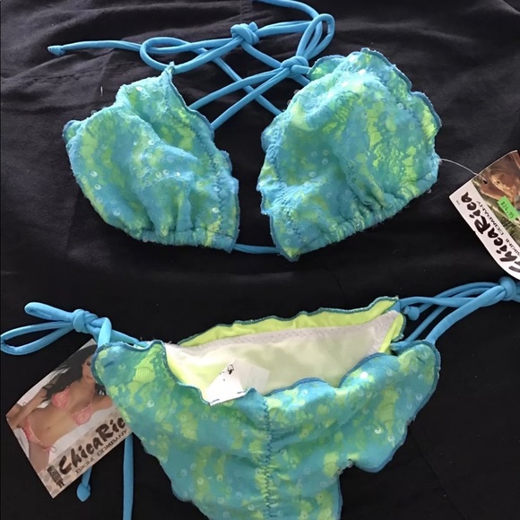 Lace sequins bikini blue/electric yellow - Picture 3 of 4