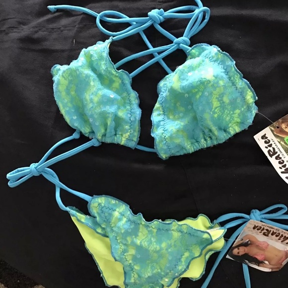 Lace sequins bikini blue/electric yellow - Picture 4 of 4