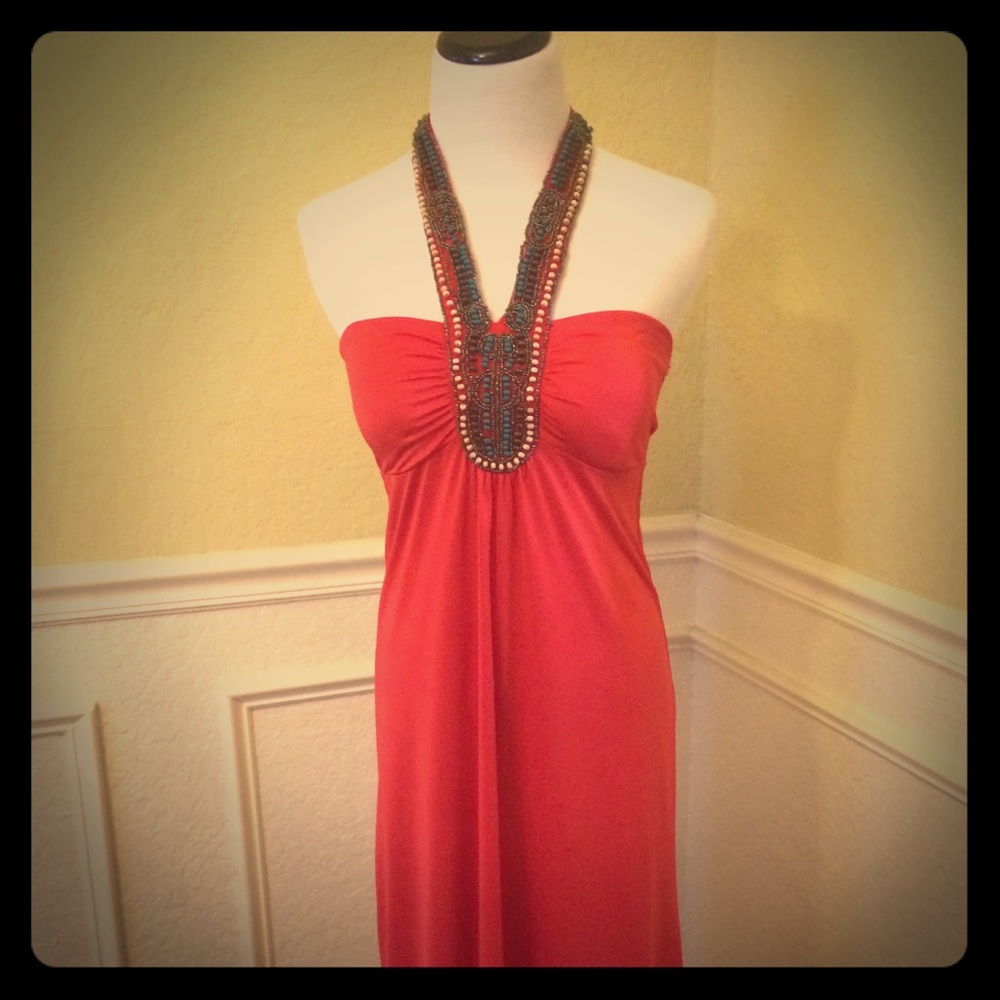 👗 Coral Pink High/Low Halter Dress