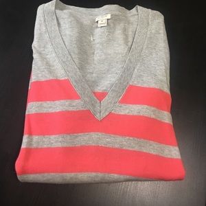 J. Crew Gray and pink striped v-neck sweater