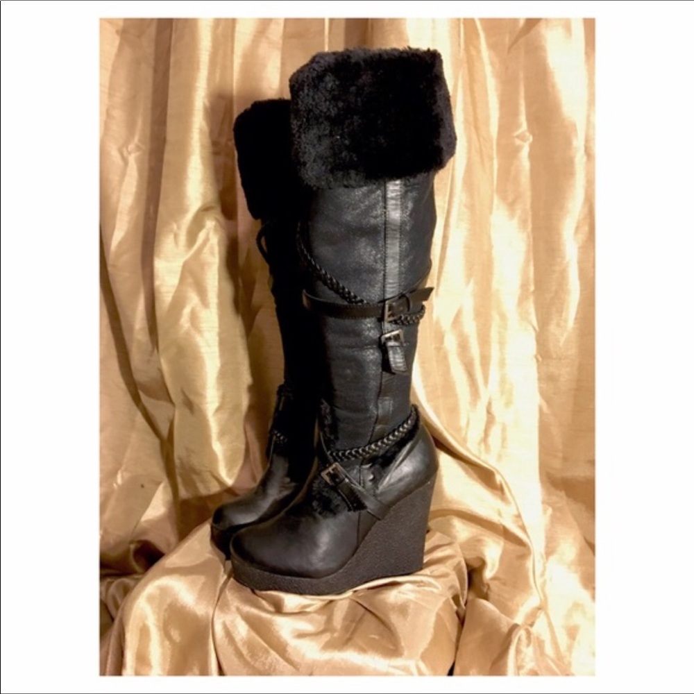 Knee high fur wedge boots
