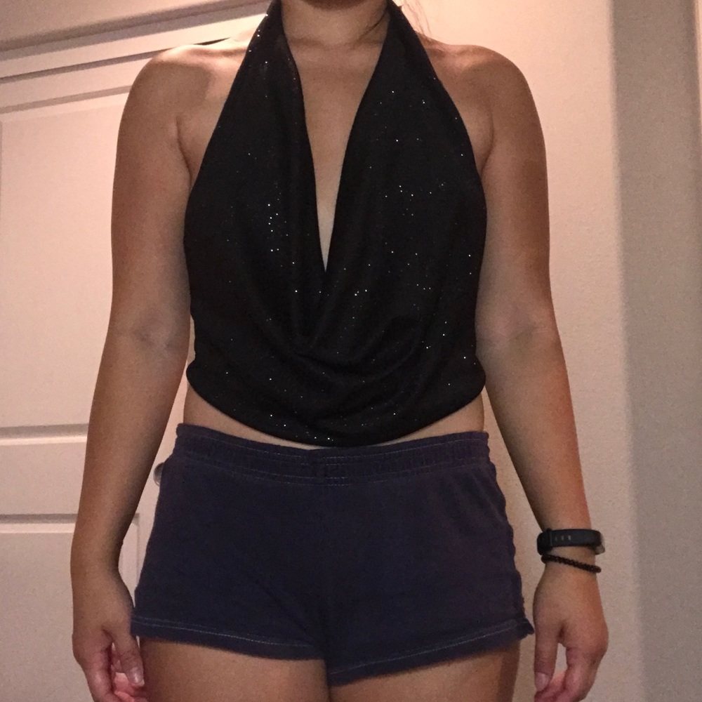 Black Sparkly Deep V Clubbing Top
