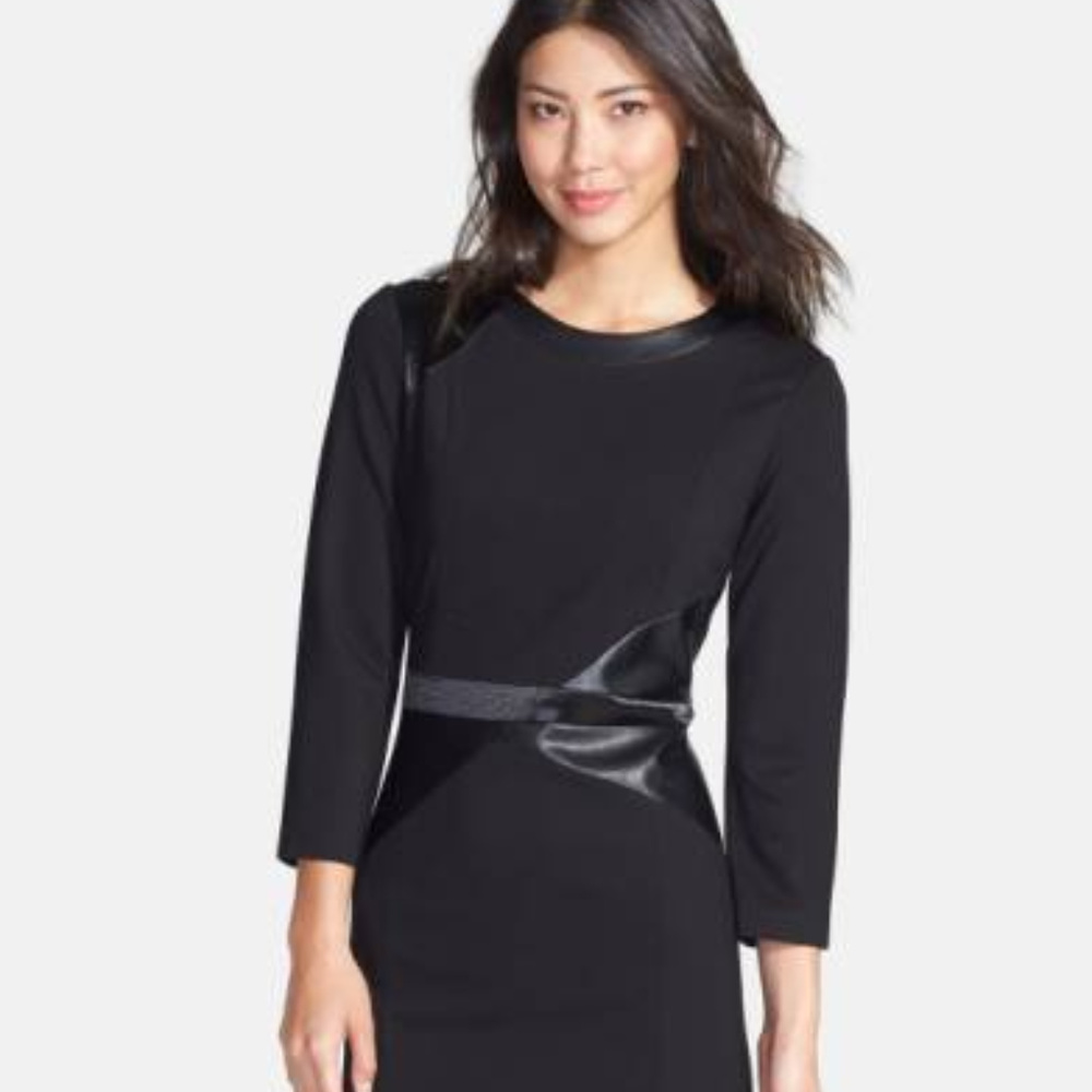 NWT, NYDJ mixed media faux leather trim dress
