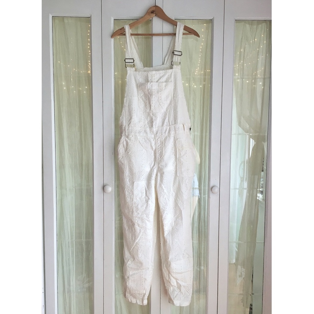Free People Linen Eyelet Overalls - white, size M