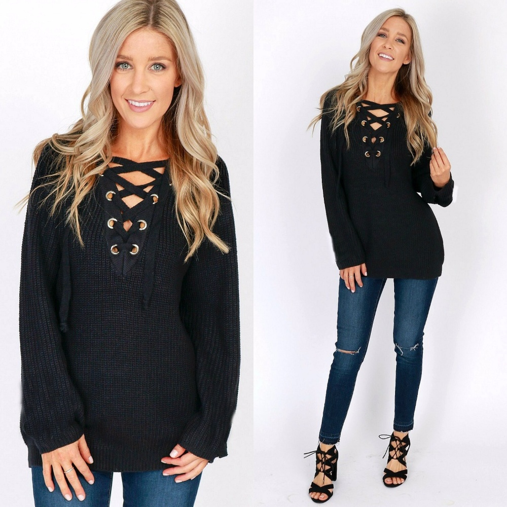 Cabin Cozy Heather Black or Grey Lace Up Sweater