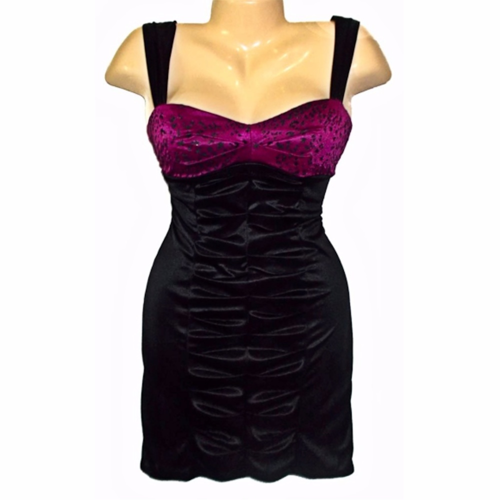 CLEARANCE SALE Sexy Magenta & Black Ruched Satin Dress