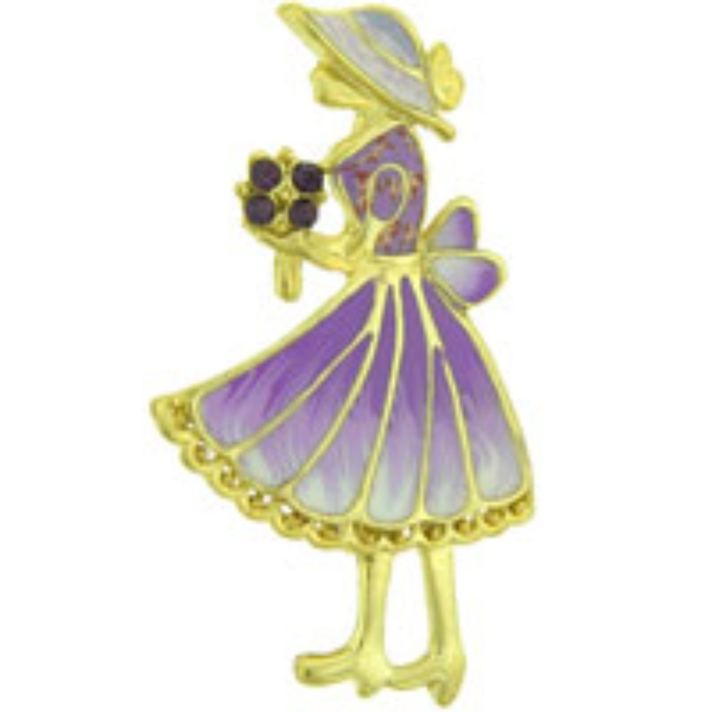 Pink Lady with Purple Flowers Brooch/Pin