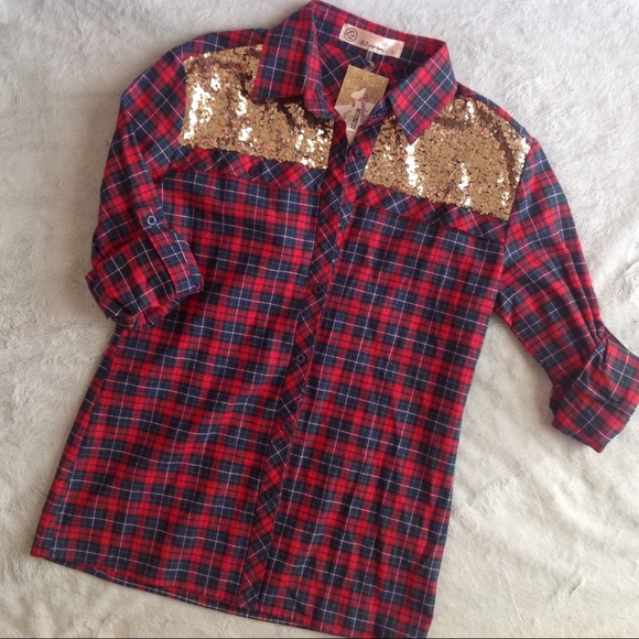 e2 clothing Tops - NWT Holiday Plaid Sequin Button Down Flannel Top