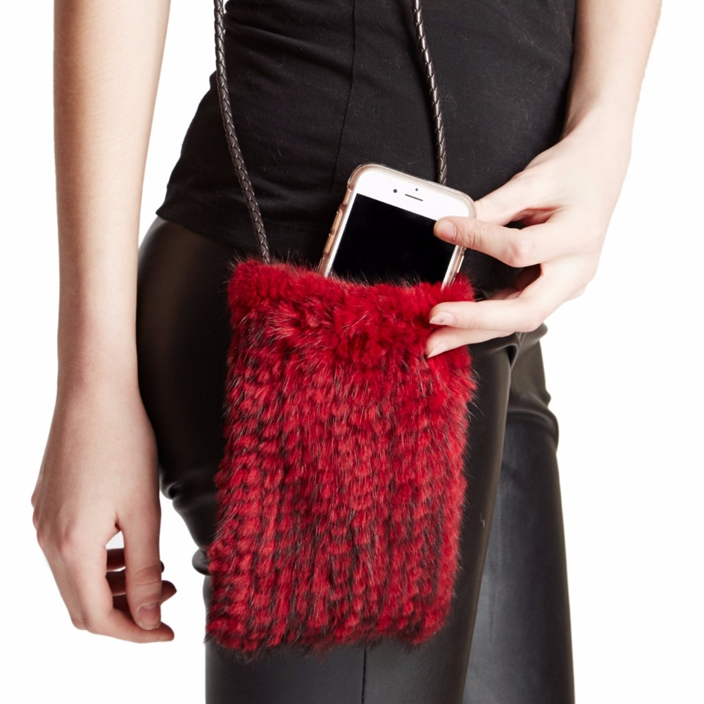 Knitted Mink Cross Body Pouch with Leather Strap