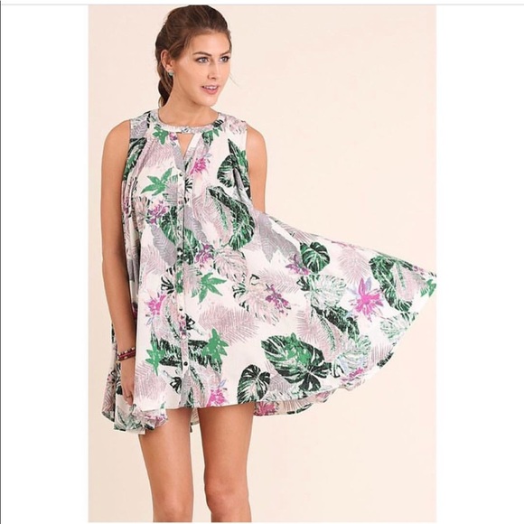 Cute Floral Tropical Palm Leaves Sleeveless Umgee Dress - Picture 1 of 1