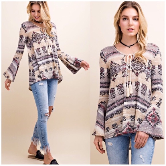Sweaters - Bell Sleeve Tribal Print Sweater