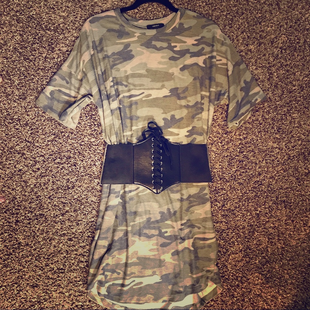 NWT forever 21 belted camo shirt dress S