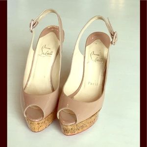 Christian Laboutin Nude Peep Toe Cork Wedge