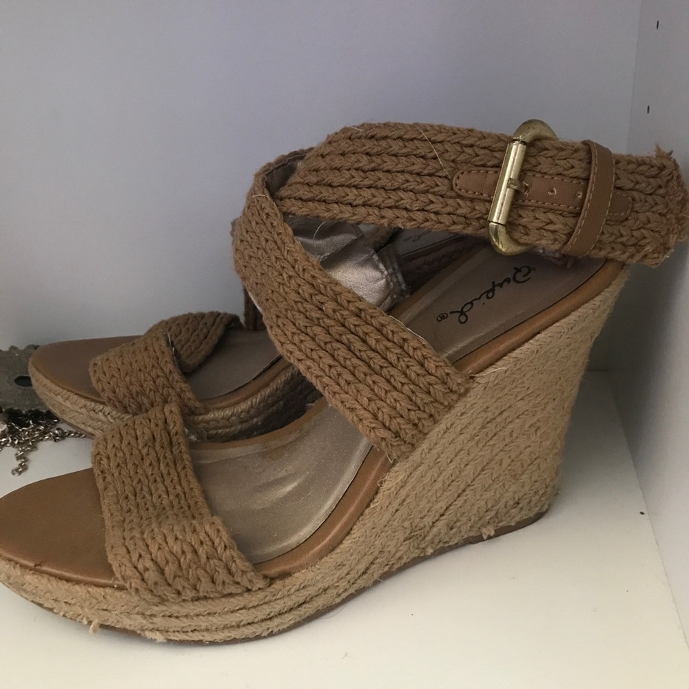 Qupid brand Tan woven wedges