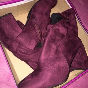 Thigh high maroon faux suede boots