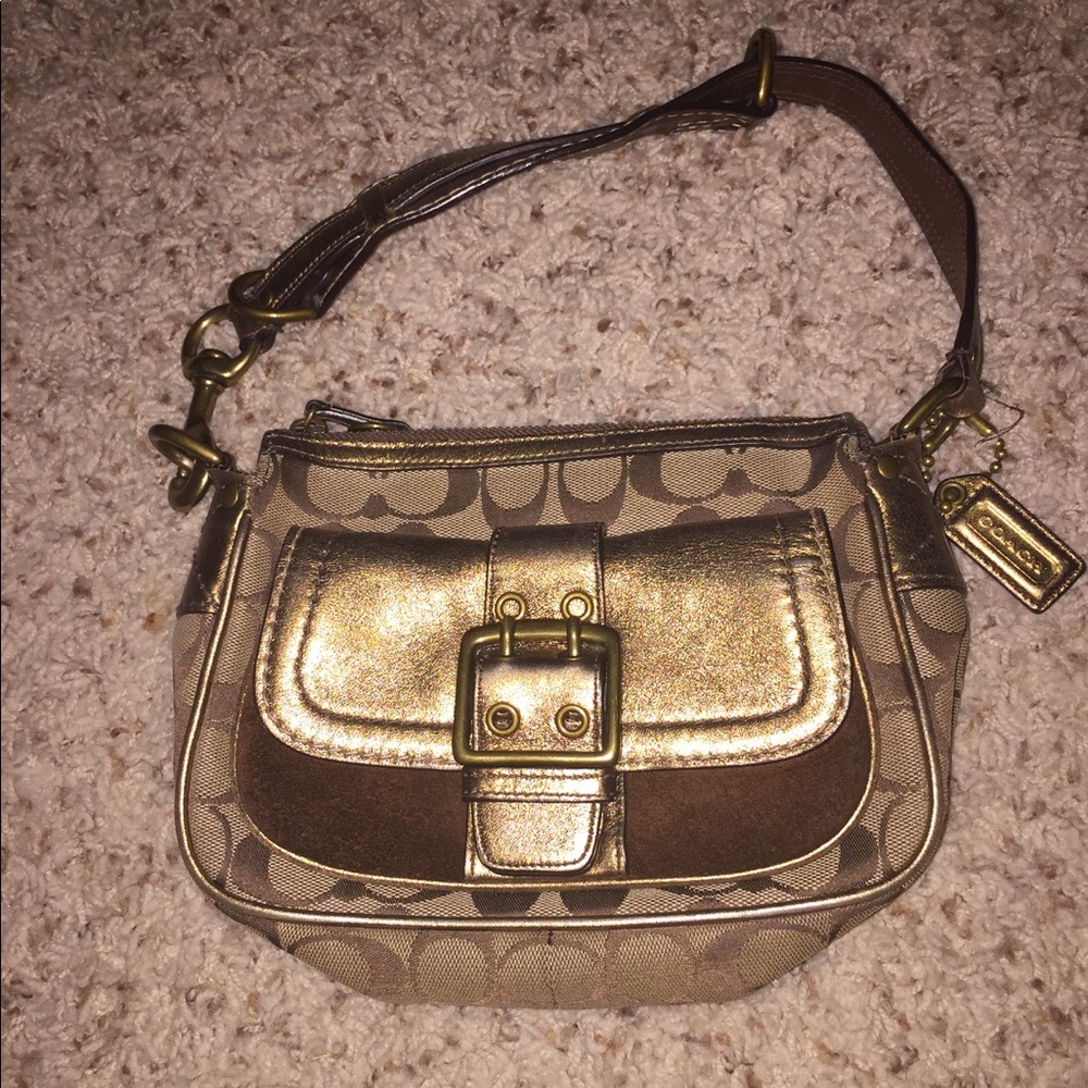 Coach gold & brown logo purse