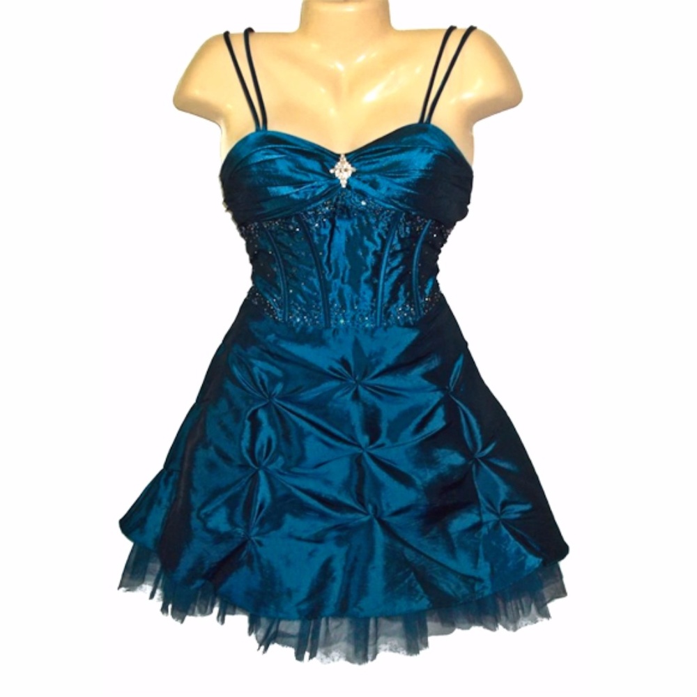 Narianna Teal Jeweled Satin Formal Corset Dress