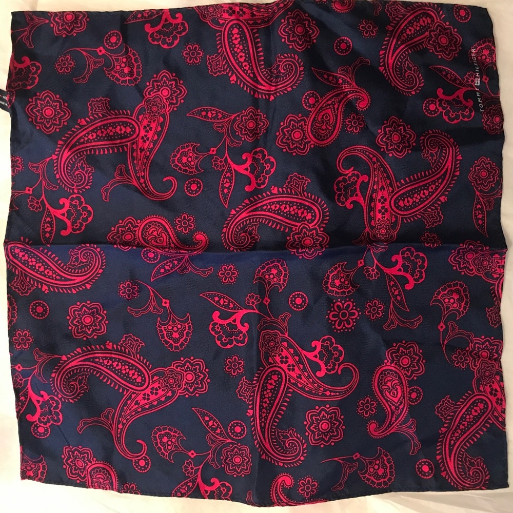 Tommy Hilfiger Silk Red Blue Pocket Square NEW