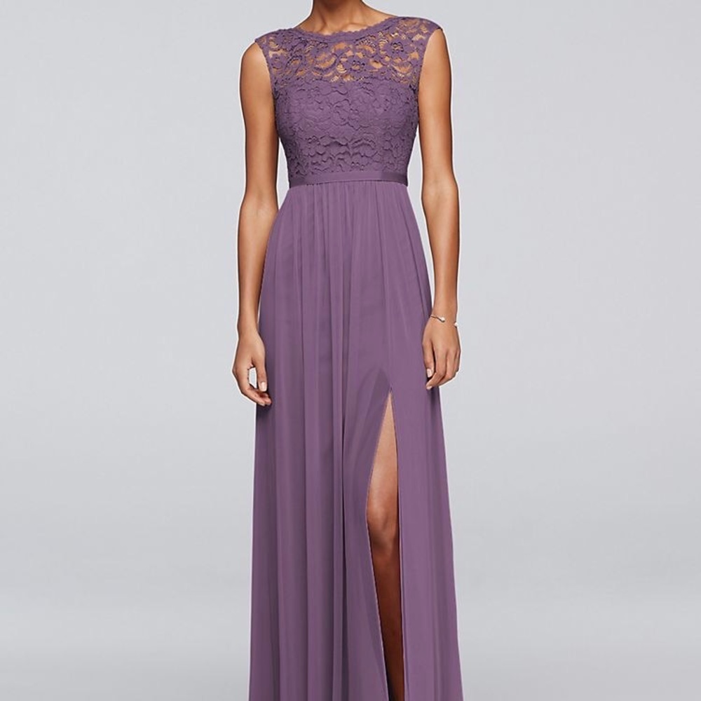 David's Bridal wisteria long dress w/ lace bodice